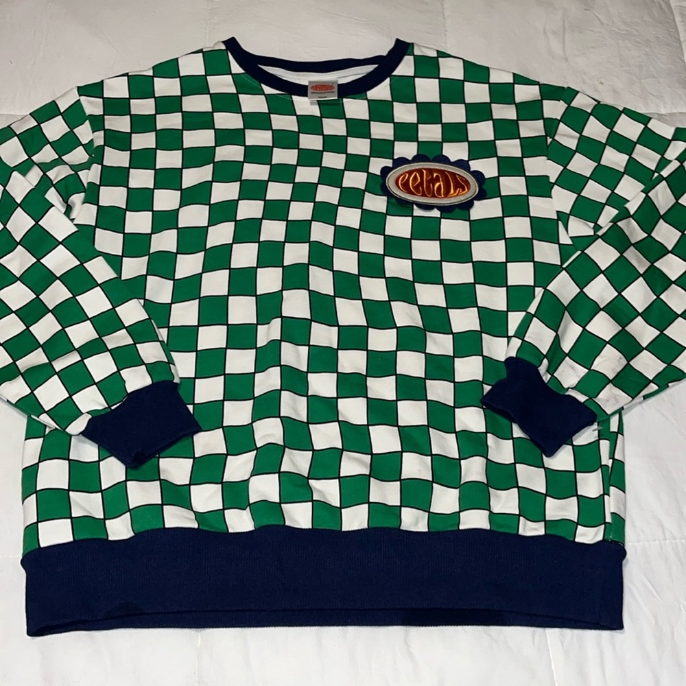 Petals and Peacock’s green white and blue checkered long sleeve sweatshirt Med